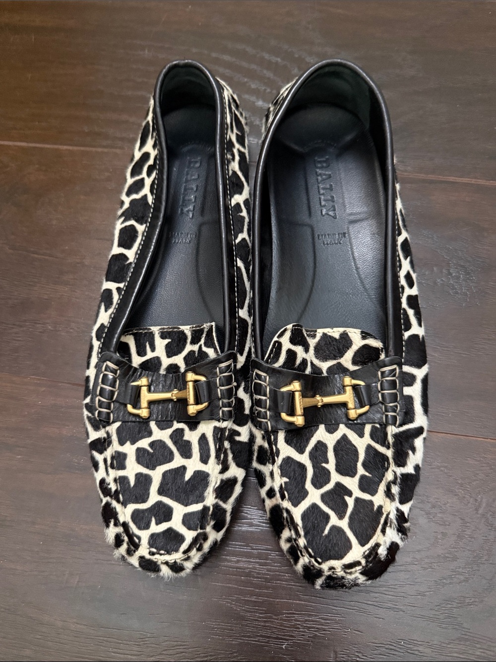Bally Black & White Giraffe Print Leather Bit Loafers